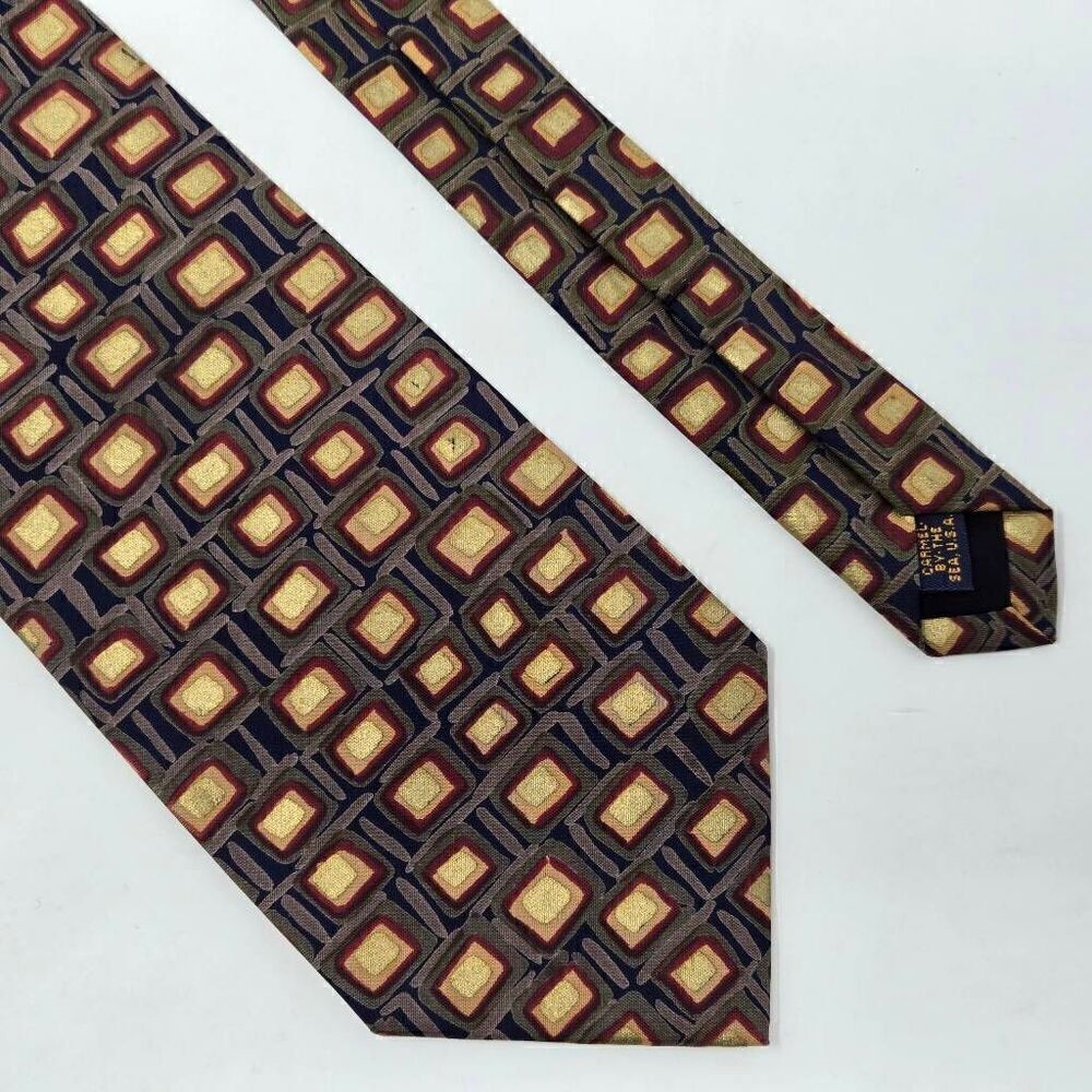 MULBERRY THAI HAND SEWN SILK TIE GOLD NEUTRAL ABSTRACT SQUARES 3.75" X 57"
